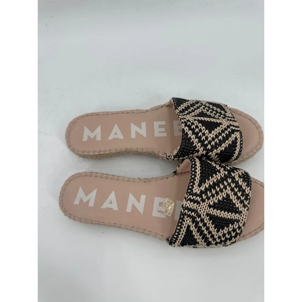 Manebi Hamptons Black Beige Geometric Knit Espadrille Platform Slide Sandals